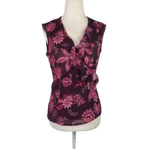 Vintage Y2K New York & Company Plum Purple and Pink Floral Ruffle Wrap Top S